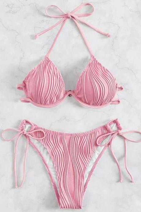 Womens Pink Striped Tie-up Bikini Swimwear Set