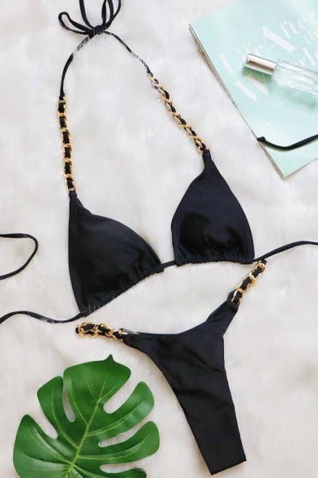 Black Triangle Top Bikini With Gold Chain Accents
