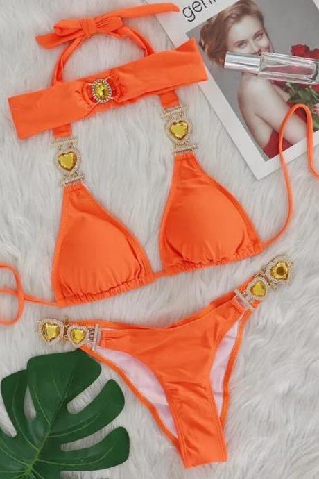 Womens Orange Bikini Set With Jewel Accents And Headband