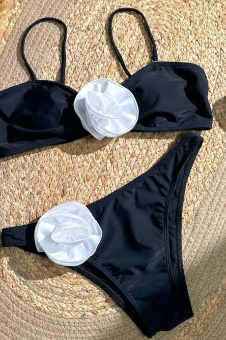 Black Two-piece Swimwear With White Floral Accents
