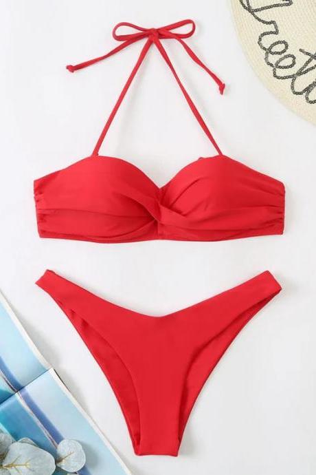 Womens Red Halter Neck Bikini Swimwear Set