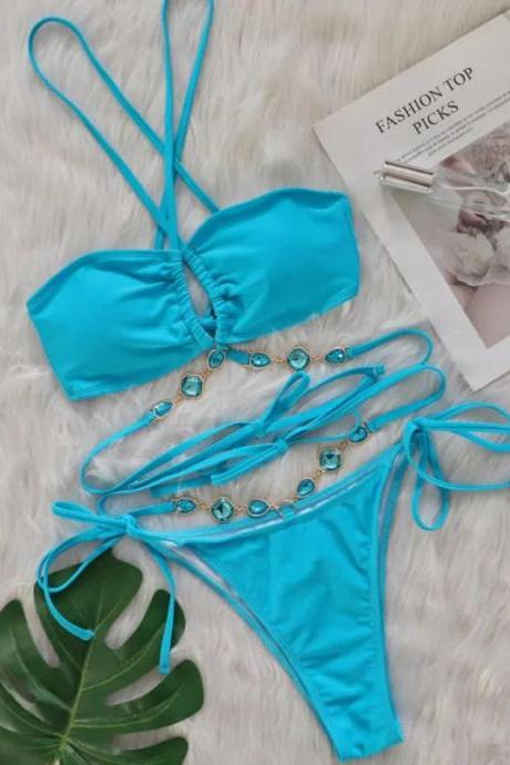 Womens Turquoise Bikini Set With Jewel Accents