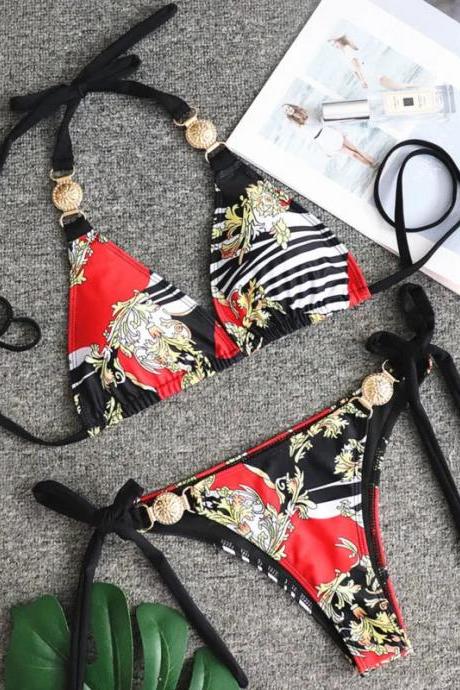 Womens Baroque Print Bikini Set With Gold Accents
