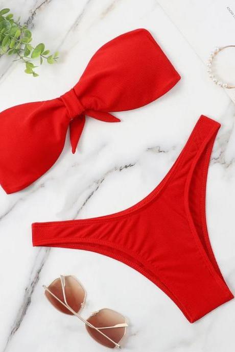 Womens Red Bandeau Bikini Set With Bow Detail