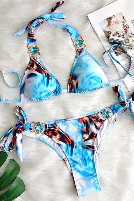 Boho Chic Blue Tie-dye Bikini Set With Embellishments