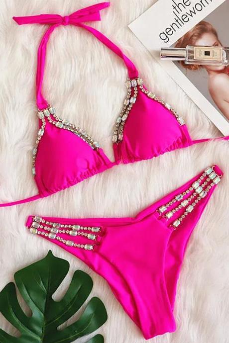Pink Crystal Embellished Bikini Swimwear Set
