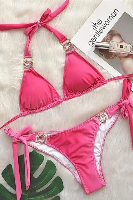Womens Pink Halter Bikini Set With Jewel Accents