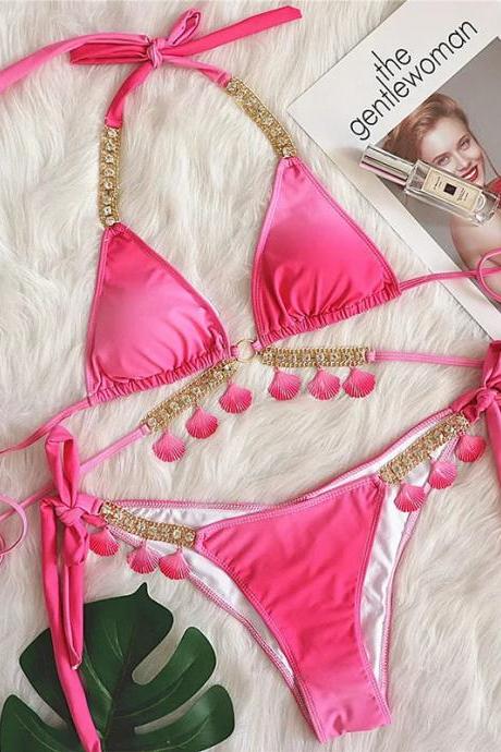 Womens Pink Tassel Bikini Set With Rhinestone Accents