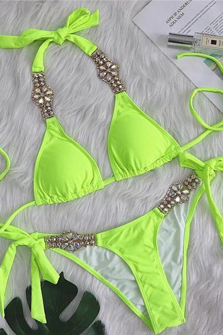 Neon Green Crystal Embellished Two-piece Swimsuit Set