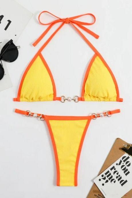 Womens Yellow Ribbed Bikini Set With Beaded Detail