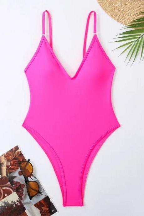 Womens Vibrant Pink One-piece Swimsuit V-neck Design