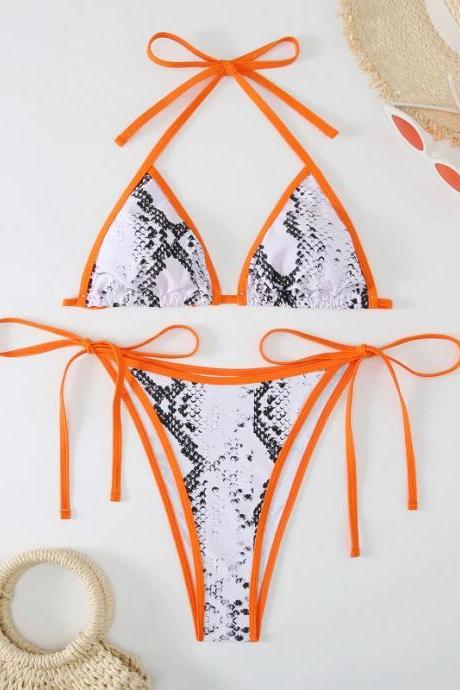 Orange Tie-up Straps Snakeskin Print Bikini Set
