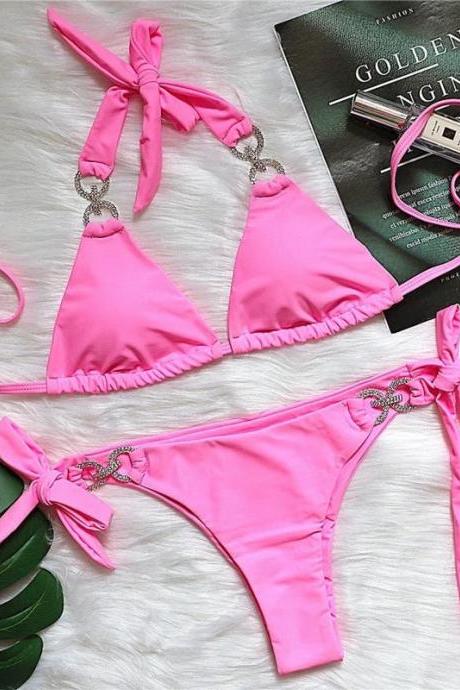 Womens Pink Halter Neck Bikini Set With Metal Accents