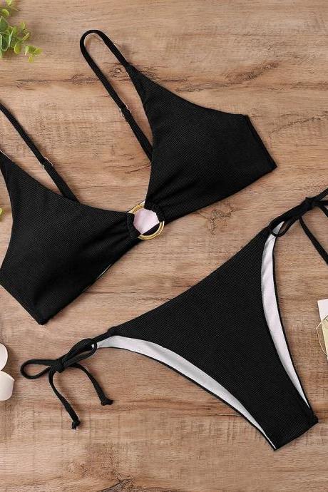 Womens Black Tie-front Bikini Set With Metal Ring