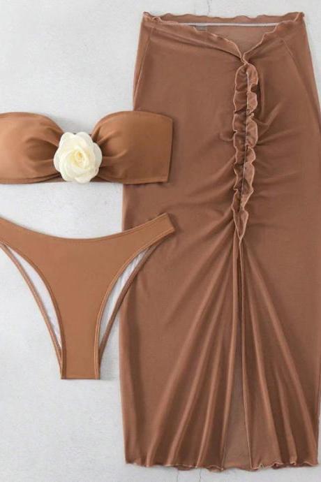 Womens Bandeau Bikini And Ruched Midi Skirt Set