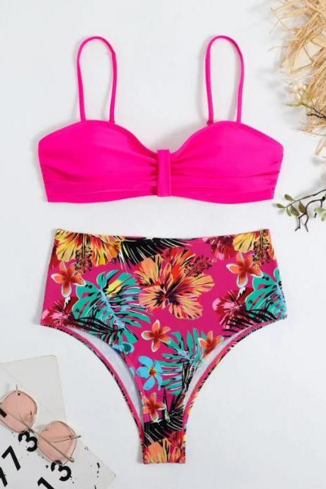 Tropical Print High-waisted Bikini Set For Women