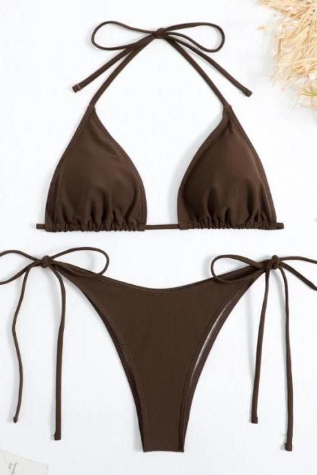 Womens Brown Tie-back Triangle Bikini Swimwear Set