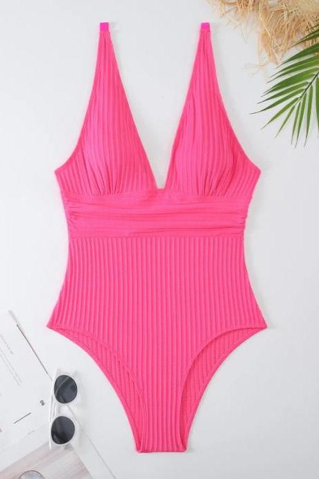 Womens Ribbed Plunge Neckline One-piece Swimsuit Pink