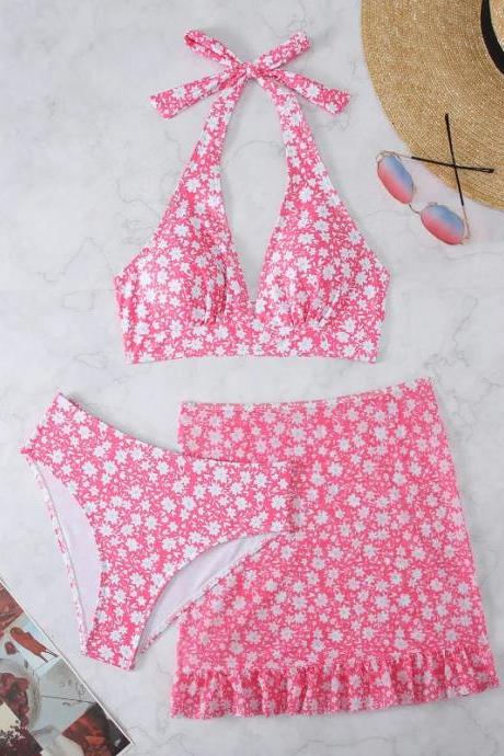 Womens Floral Print High-waisted Bikini Set Swimwear