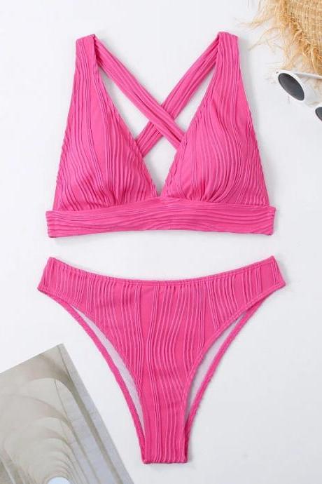 Womens Criss-cross Front Pink Ribbed Bikini Set