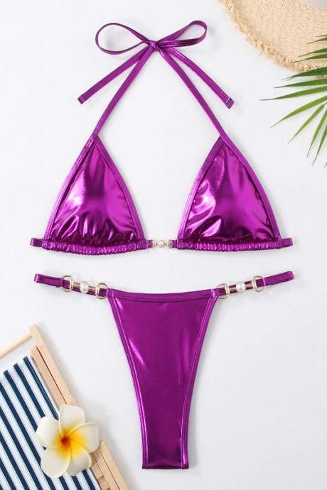 Shiny Metallic Purple Bikini Set With Bead Details