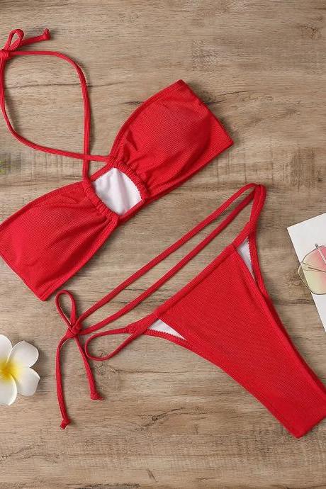 Womens Red Bandeau Bikini Set With Tie Sides