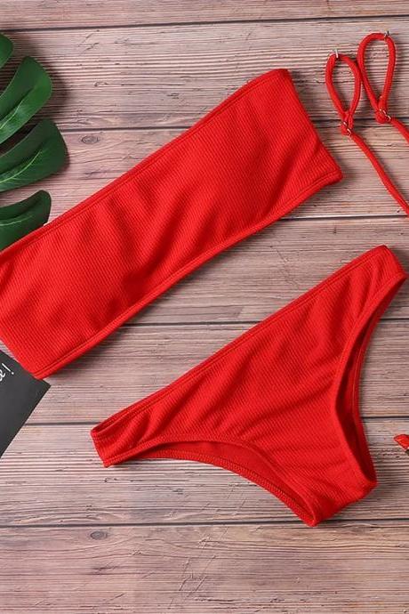 Womens Ribbed Bandeau Bikini Set With Adjustable Straps