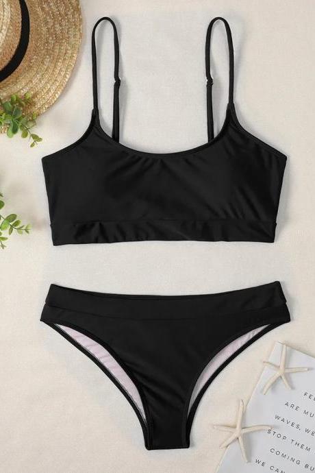 Womens Black Two-piece Swimwear Set With Mesh Detail