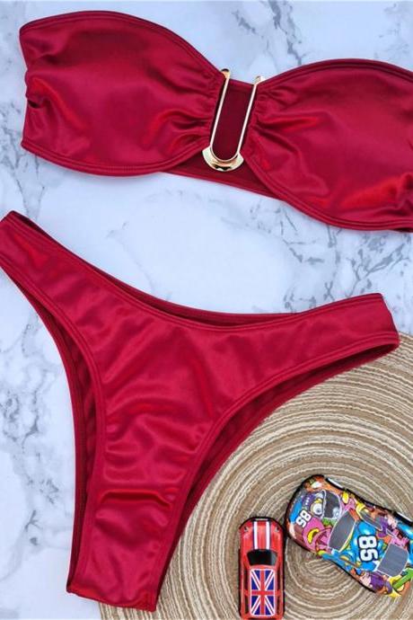 Womens Red Bandeau Bikini Set With Gold Detail