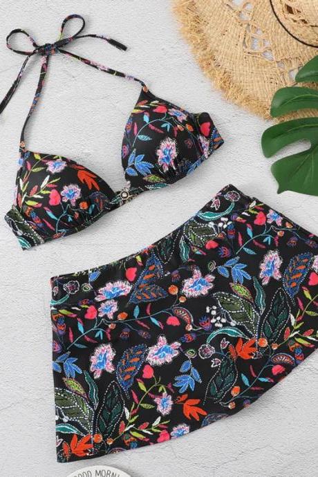 Womens Floral High-waisted Bikini Set Swimwear Beachwear
