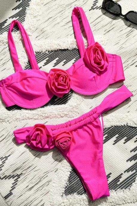 Womens Pink Rose Applique Bikini Swimwear Set Two-piece