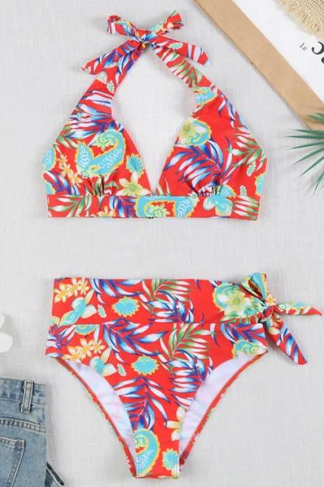 Womens Tropical Print Halter Neck Bikini Set