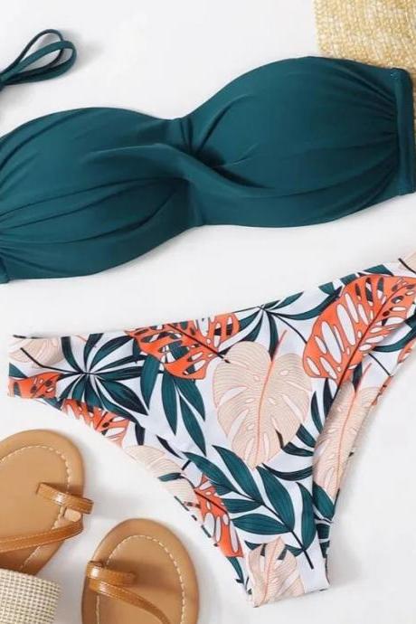 Womens Tropical Print High-waisted Bikini Set With Sandals