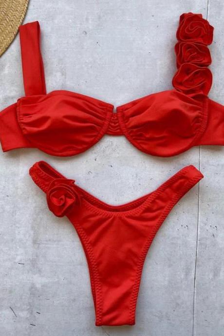 Womens Red Ruffled Two-piece Swimsuit Set Bikini