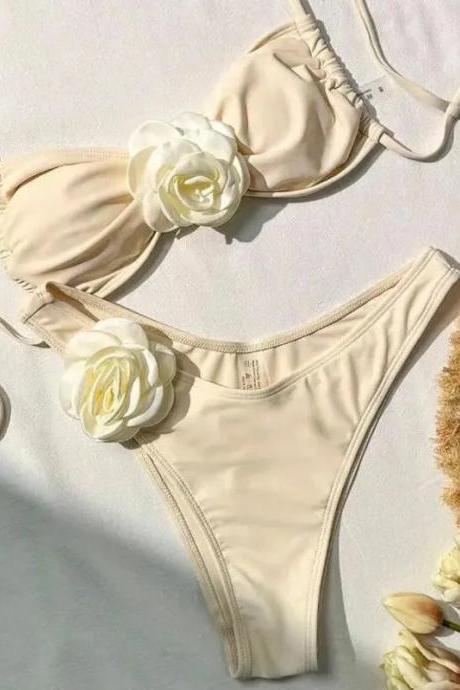 Floral Applique Underwire Bikini Set In Nude