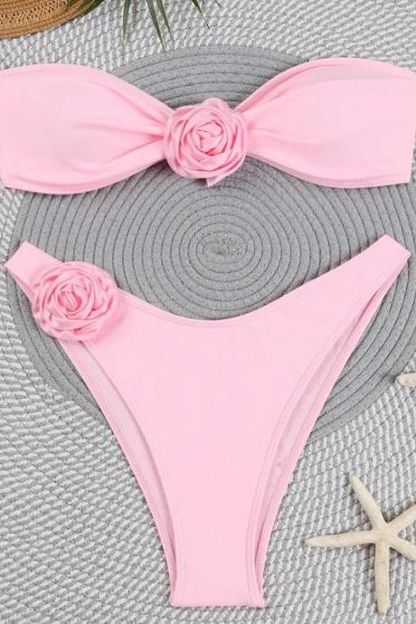 Womens Pink Bandeau Bikini Set With Rose Accents