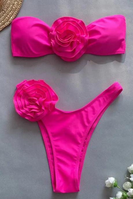 Womens Pink Floral Bikini Set With Rose Detail