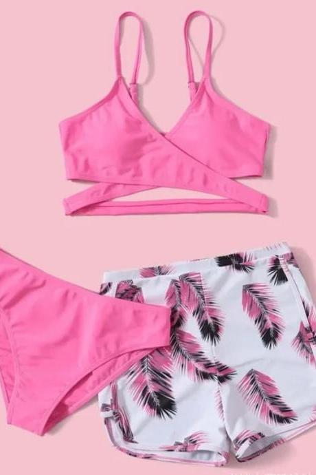 Womens Tropical Print Shorts And Pink Bikini Set