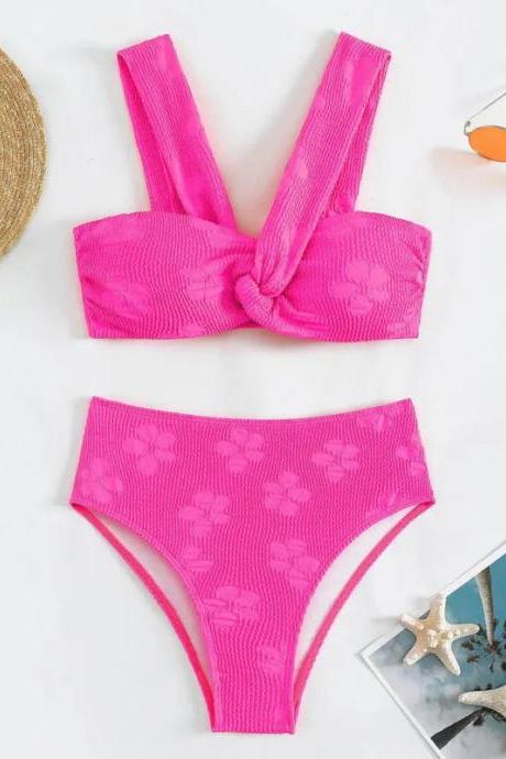 Womens Vibrant Pink Knotted Bikini Top And Bottom Set