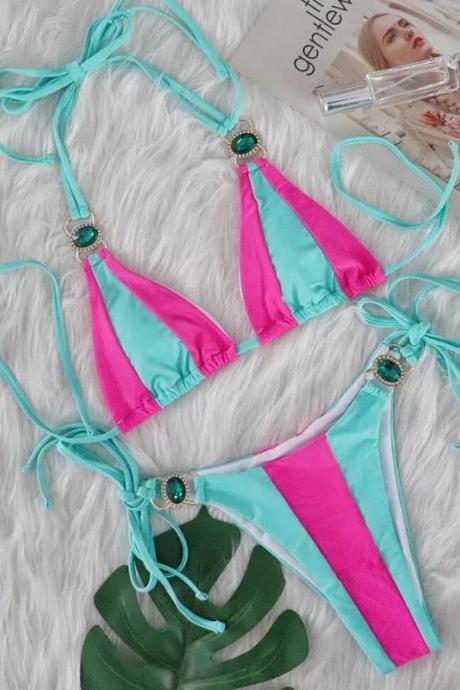 Womens Turquoise And Pink Bikini With Jewel Accents