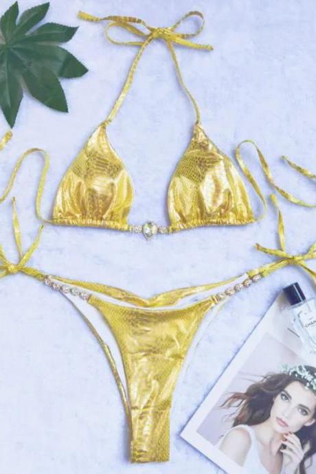 Womens Shiny Gold Bikini Set With Crystal Detail