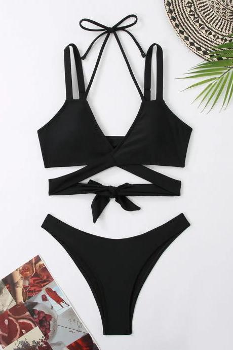 Womens Black Two-piece Tie-front Bikini Swimwear Set