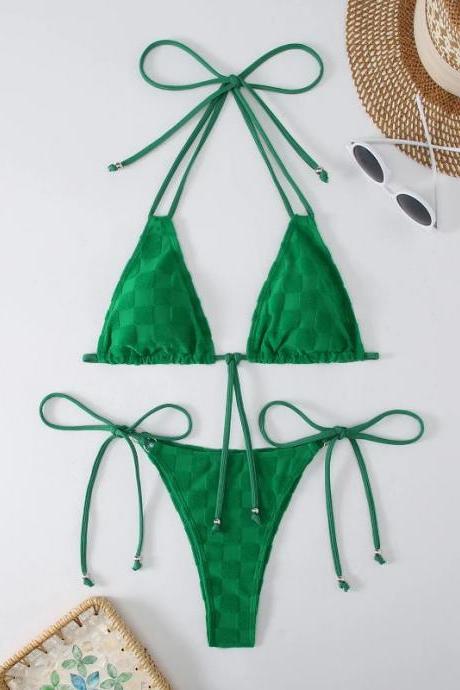 Womens Textured Green Bikini Set With Tie Closures