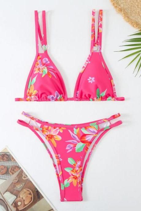 Womens Floral Bikini Set Adjustable Straps Padded Swimwear