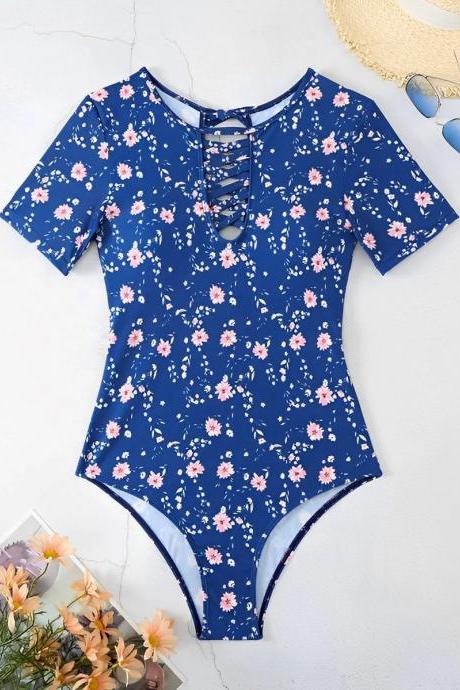 Womens Floral Lace-up Short Sleeve One-piece Swimsuit
