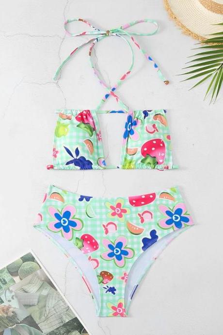 Womens Floral And Fruit Print Halter Bikini Set