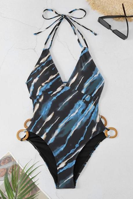 Chic Tie-neck Halter One-piece Swimsuit With Ring Detail
