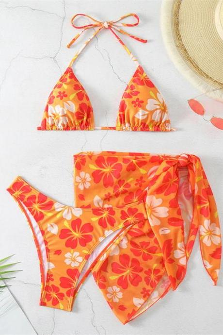 Womens Tropical Floral Print Bikini Set With Sarong