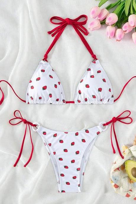 Womens Strawberry Print Tie-front Bikini Swimwear Set