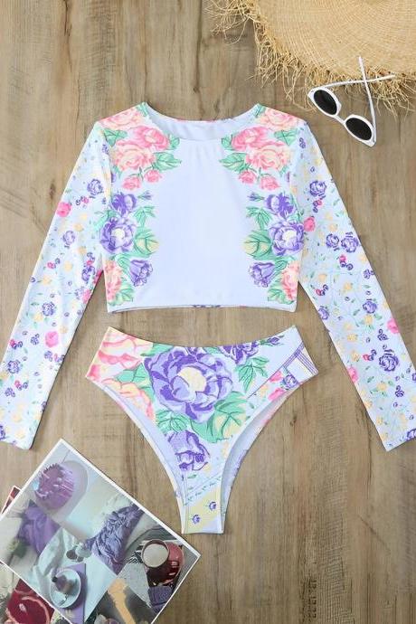 Womens Long Sleeve Floral Print Bikini Swimsuit Set